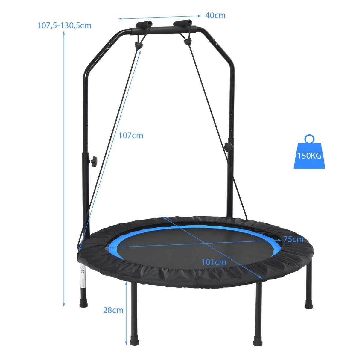 Trampoline De Fitness Pliable 101Cm Avec 2 Bandes De Résistance Main Courante Hauteur Réglable Charge 150 Kg Pour Enfants Bleu/Vert/Rouge