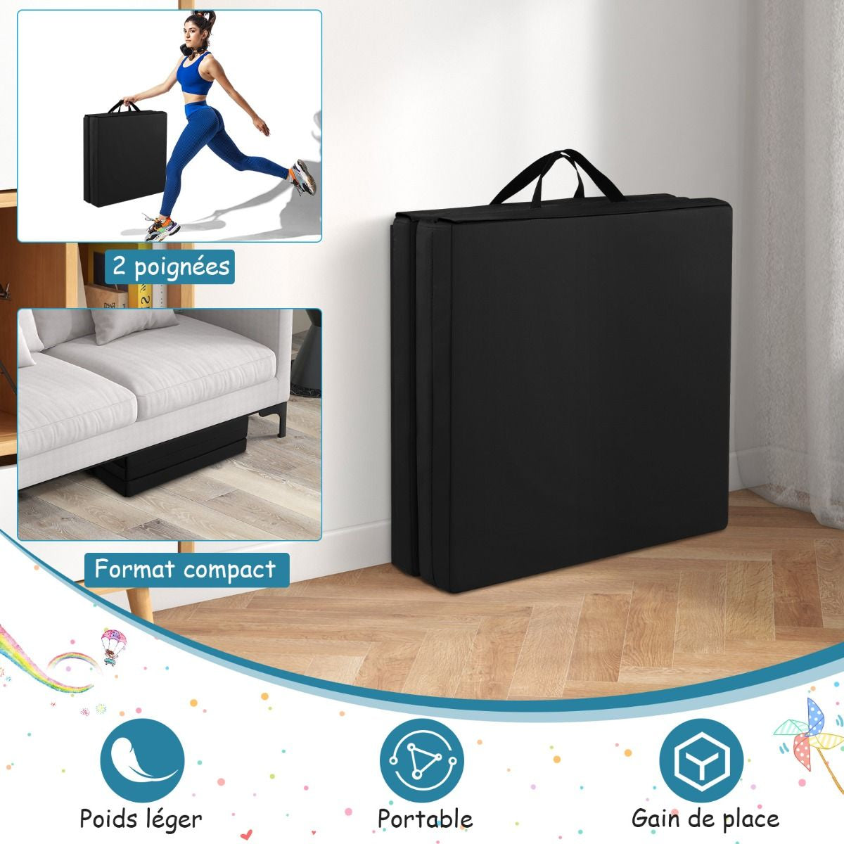 Tapis De Gymnastique Pliable En 3 Parties Antidérapant Avec 2 Poignées Tapis De Chute De Yoga 10 Couleurs Au Choix