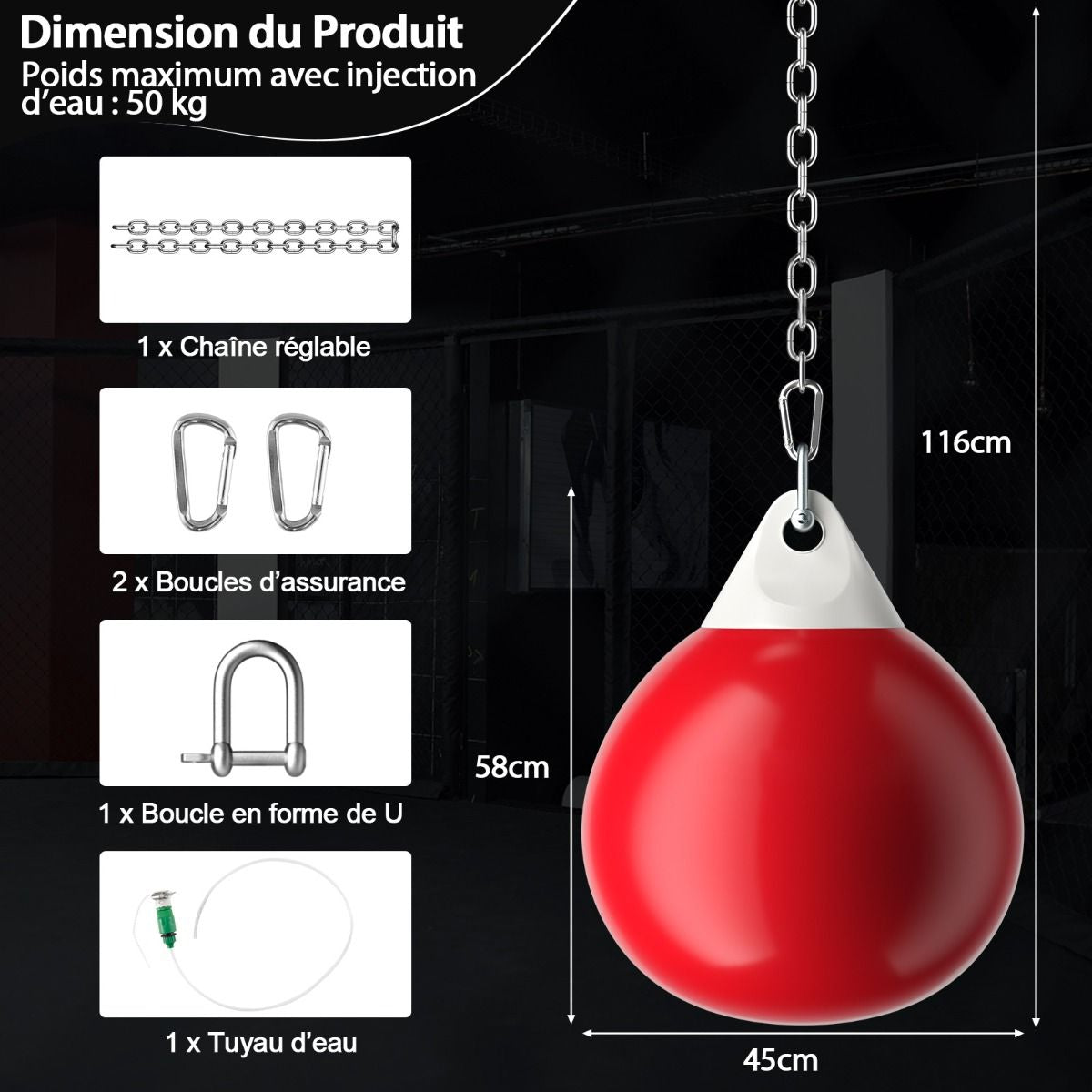 Sac De Frappe À Eau Avec Crochet Chaîne Métallique Réglable Boucles D'Assurance Et Injection D'Eau Pour Boxe Suspendue Charge Max 50KG Blanc/Noir/Bleu/Rouge