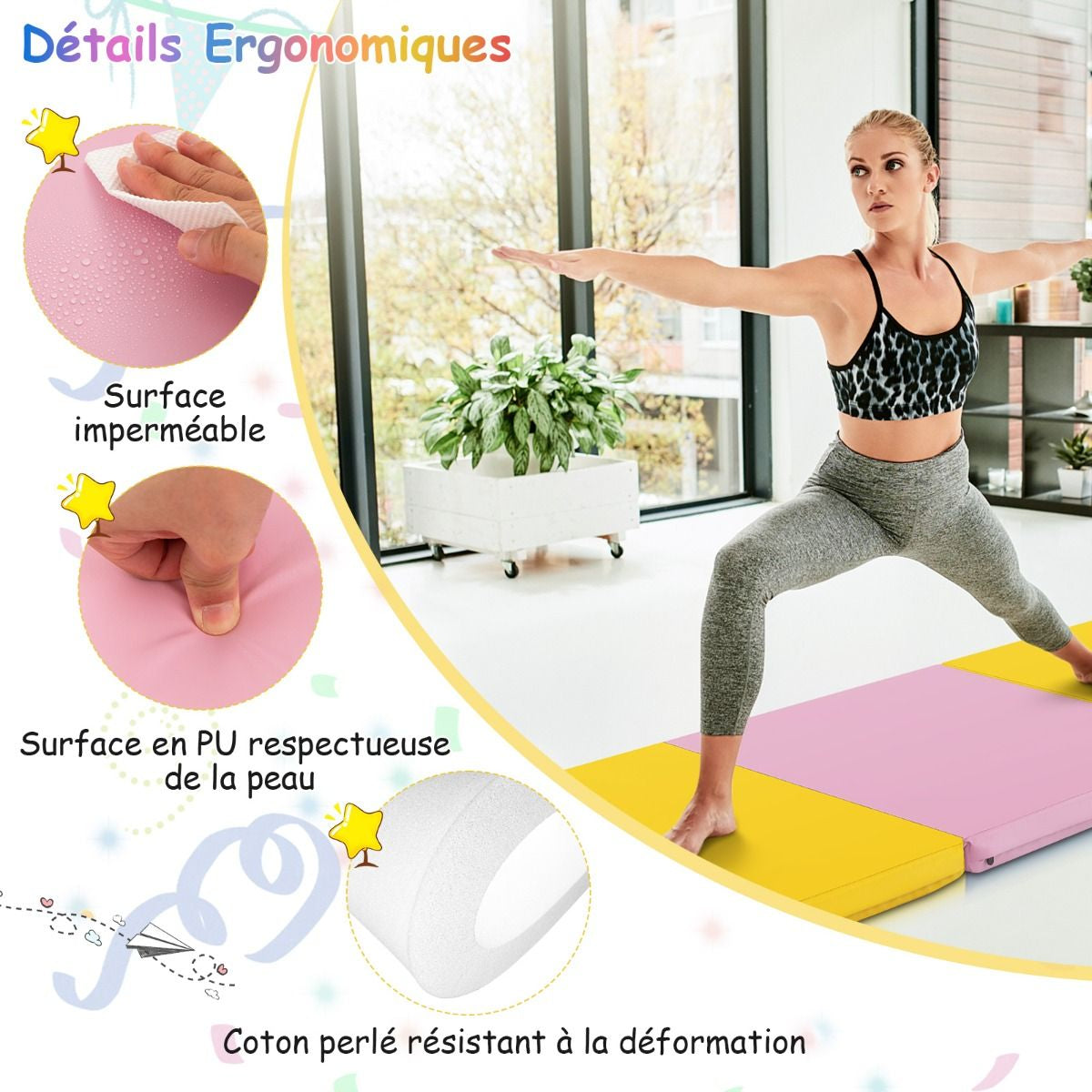 Tapis De Gymnastique Pliable En 3 Parties Antidérapant Avec 2 Poignées Tapis De Chute De Yoga 10 Couleurs Au Choix