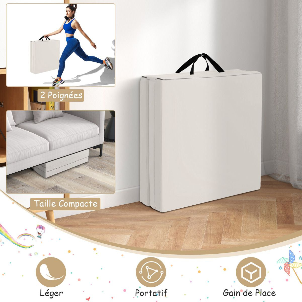 Tapis De Gymnastique Pliable En 3 Parties Antidérapant Avec 2 Poignées Tapis De Chute De Yoga 10 Couleurs Au Choix