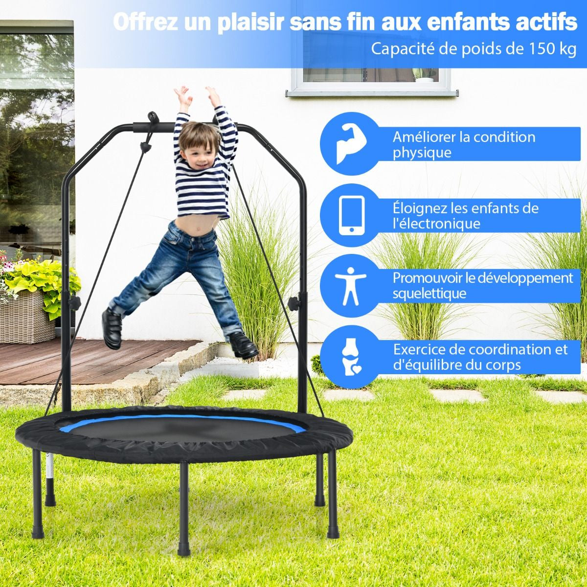 Trampoline De Fitness Pliable 101Cm Avec 2 Bandes De Résistance Main Courante Hauteur Réglable Charge 150 Kg Pour Enfants Bleu/Vert/Rouge