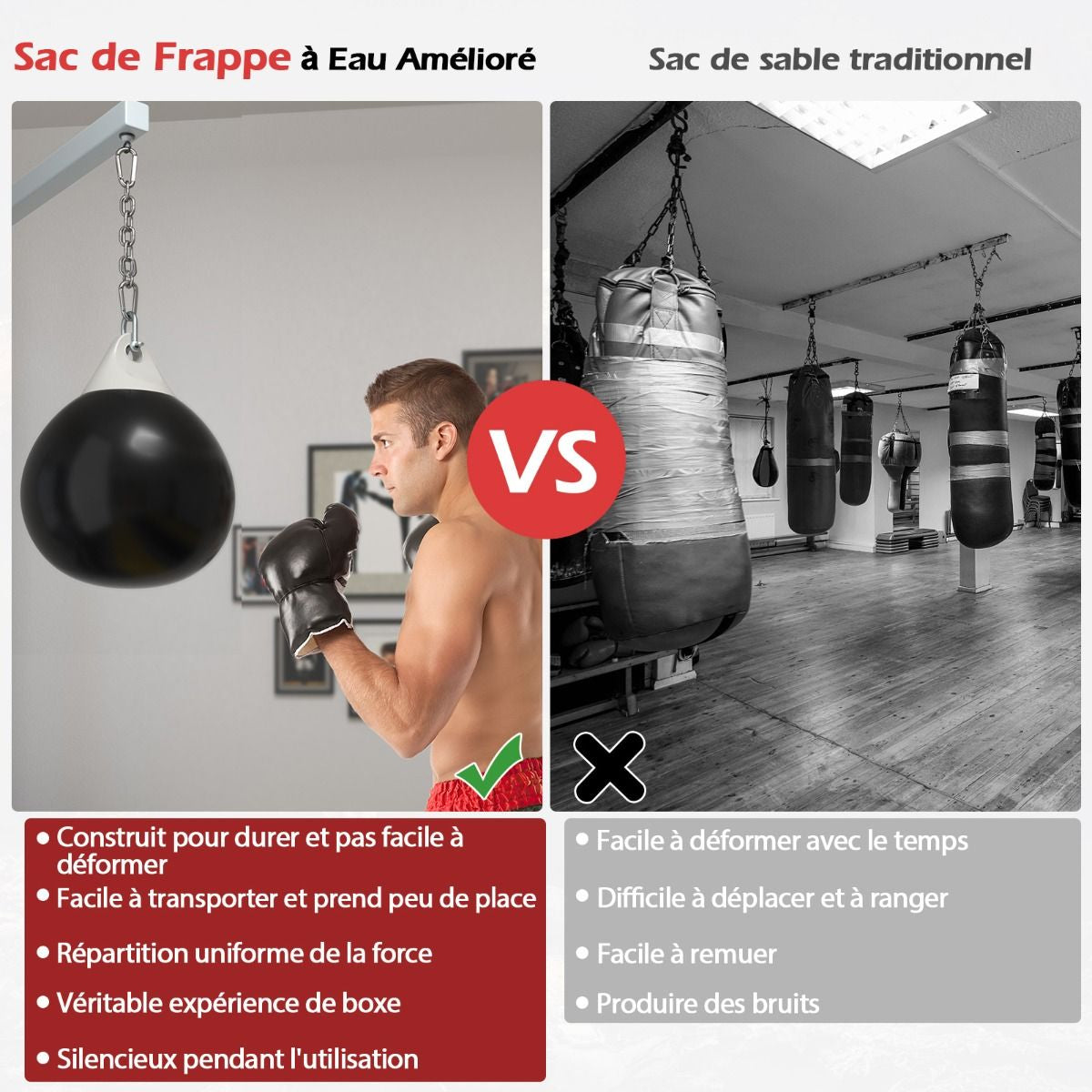 Sac De Frappe À Eau Avec Crochet Chaîne Métallique Réglable Boucles D'Assurance Et Injection D'Eau Pour Boxe Suspendue Charge Max 50KG Blanc/Noir/Bleu/Rouge
