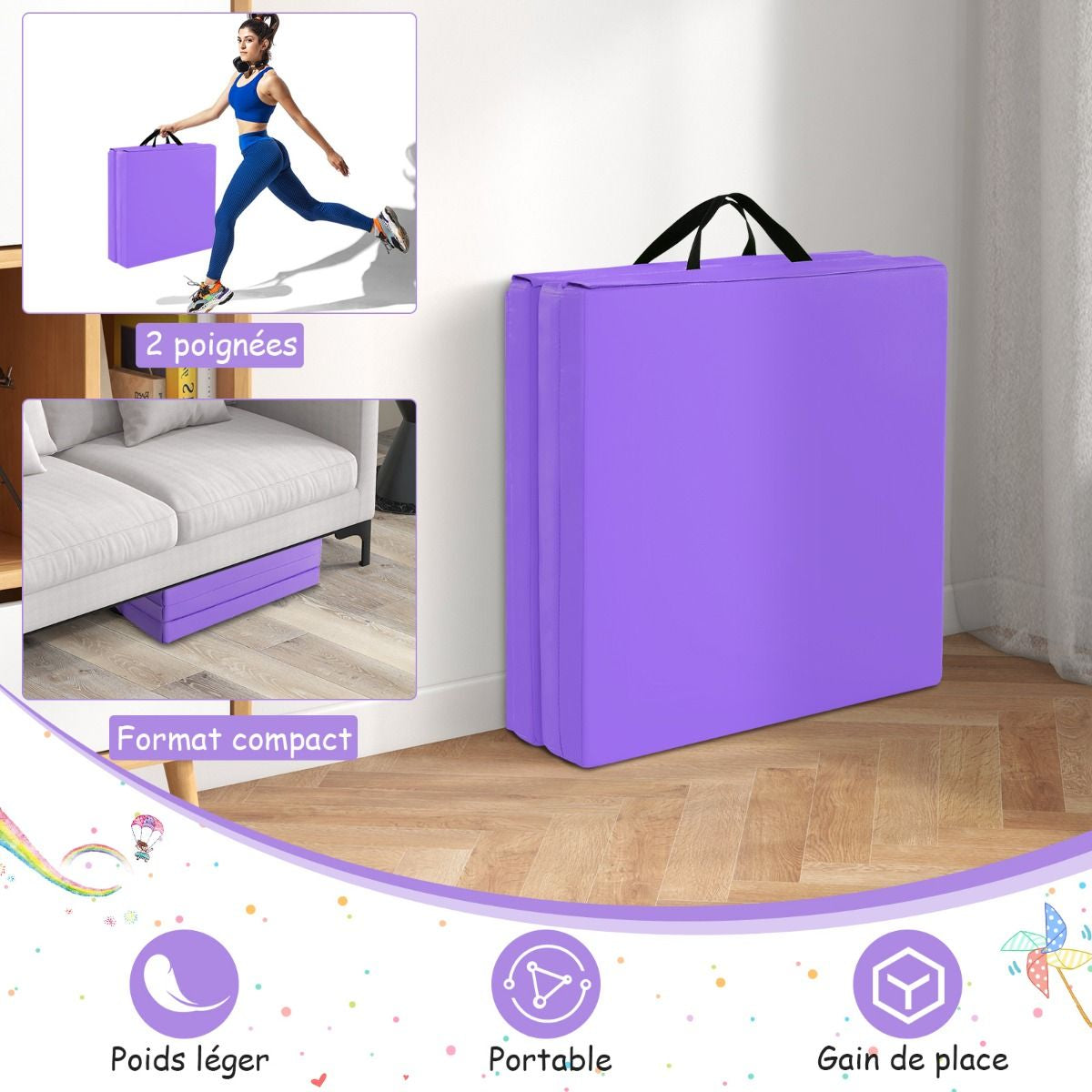 Tapis De Gymnastique Pliable En 3 Parties Antidérapant Avec 2 Poignées Tapis De Chute De Yoga 10 Couleurs Au Choix