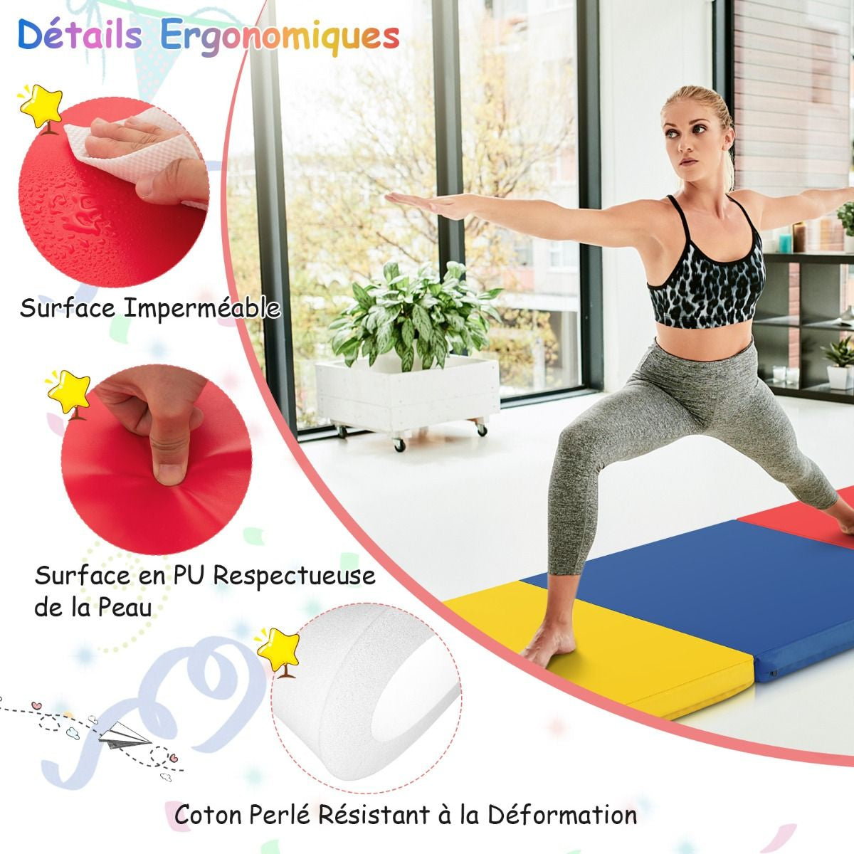 Tapis De Gymnastique Pliable En 3 Parties Antidérapant Avec 2 Poignées Tapis De Chute De Yoga 10 Couleurs Au Choix