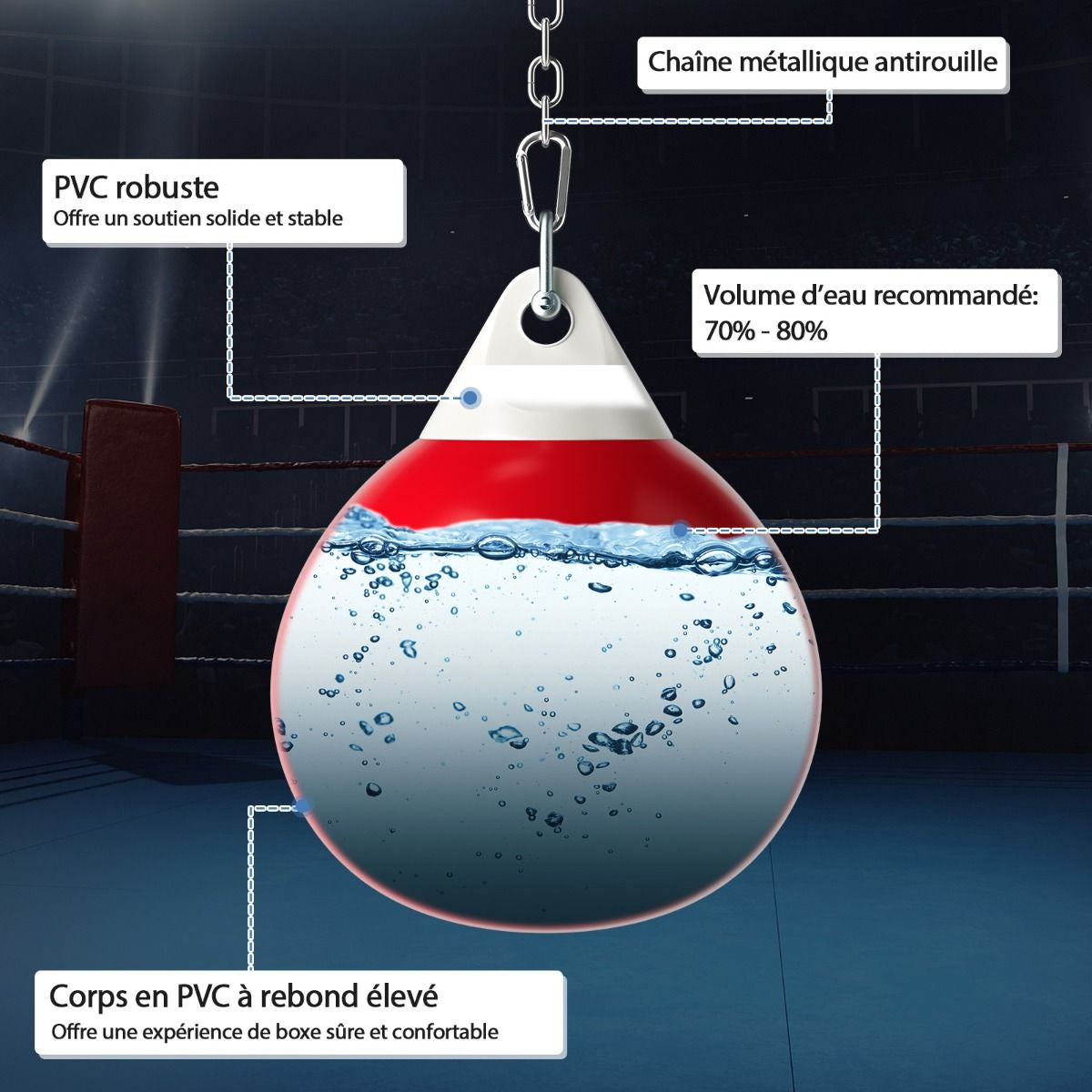 Sac De Frappe À Eau Avec Crochet Chaîne Métallique Réglable Boucles D'Assurance Et Injection D'Eau Pour Boxe Suspendue Charge Max 50KG Blanc/Noir/Bleu/Rouge
