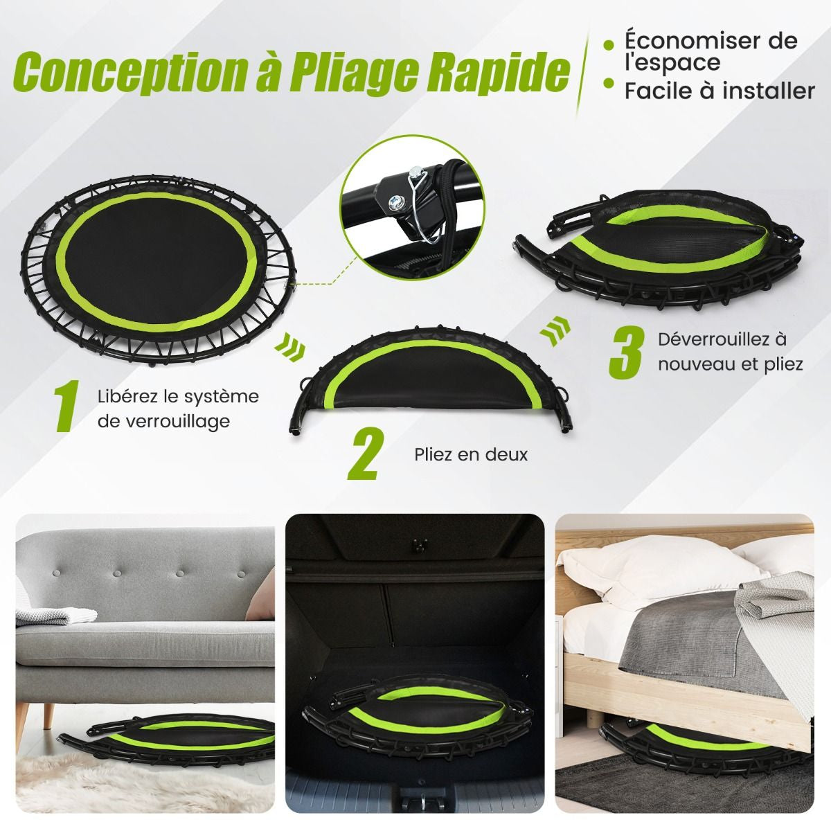 Trampoline De Fitness Pliable 101Cm Avec 2 Bandes De Résistance Main Courante Hauteur Réglable Charge 150 Kg Pour Enfants Bleu/Vert/Rouge