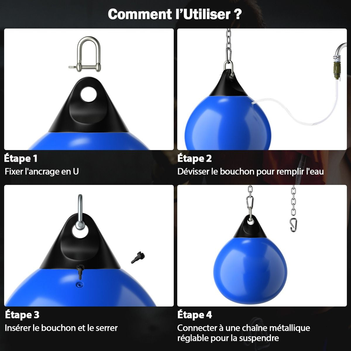 Sac De Frappe À Eau Avec Crochet Chaîne Métallique Réglable Boucles D'Assurance Et Injection D'Eau Pour Boxe Suspendue Charge Max 50KG Blanc/Noir/Bleu/Rouge