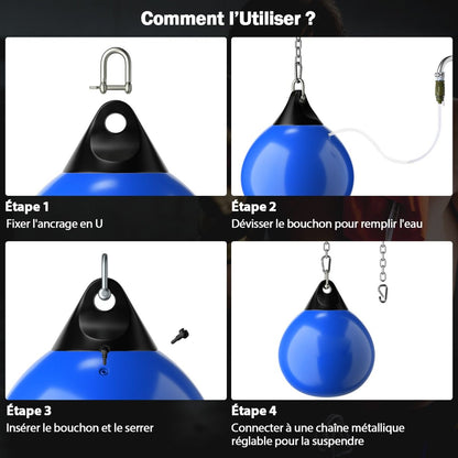 Sac De Frappe À Eau Avec Crochet Chaîne Métallique Réglable Boucles D'Assurance Et Injection D'Eau Pour Boxe Suspendue Charge Max 50KG Blanc/Noir/Bleu/Rouge