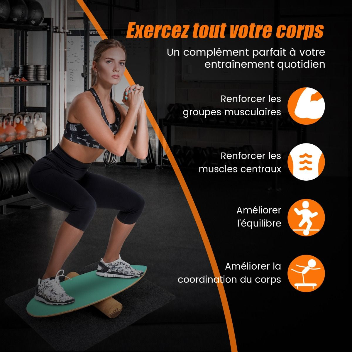 Planche D’Entraînement Pour L’Équilibre Avec Rouleau Et Tapis Antidérapant Pour Skateboard Hockey Snowboard 8 Couleurs Au Choix