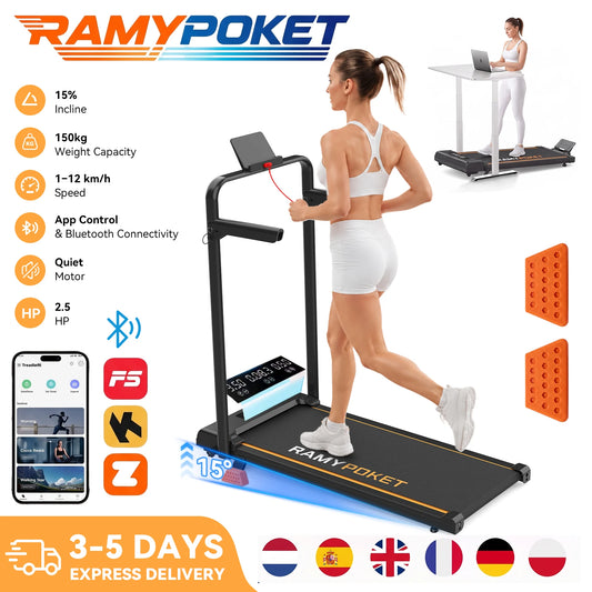 Foldable Incline Walking Pad 15%, Treadmill 12 Km/H, App/Led, Desk Walking Pad 150Kg Max Load