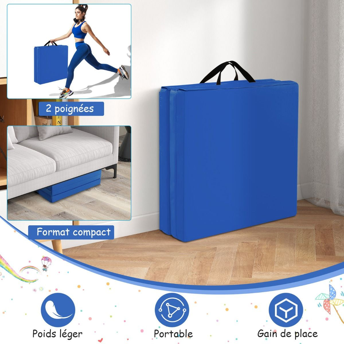 Tapis De Gymnastique Pliable En 3 Parties Antidérapant Avec 2 Poignées Tapis De Chute De Yoga 10 Couleurs Au Choix
