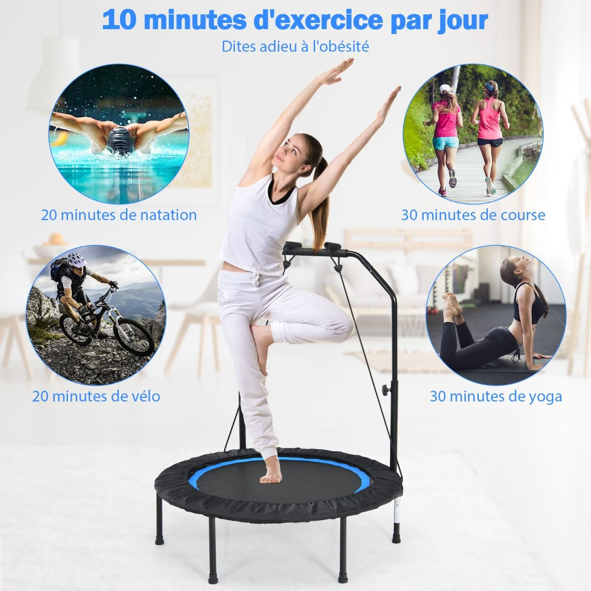 Trampoline De Fitness Pliable 101Cm Avec 2 Bandes De Résistance Main Courante Hauteur Réglable Charge 150 Kg Pour Enfants Bleu/Vert/Rouge
