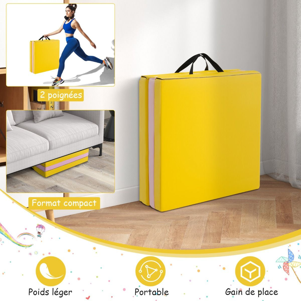 Tapis De Gymnastique Pliable En 3 Parties Antidérapant Avec 2 Poignées Tapis De Chute De Yoga 10 Couleurs Au Choix