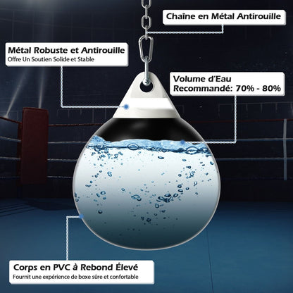 Sac De Frappe À Eau Avec Crochet Chaîne Métallique Réglable Boucles D'Assurance Et Injection D'Eau Pour Boxe Suspendue Charge Max 50KG Blanc/Noir/Bleu/Rouge