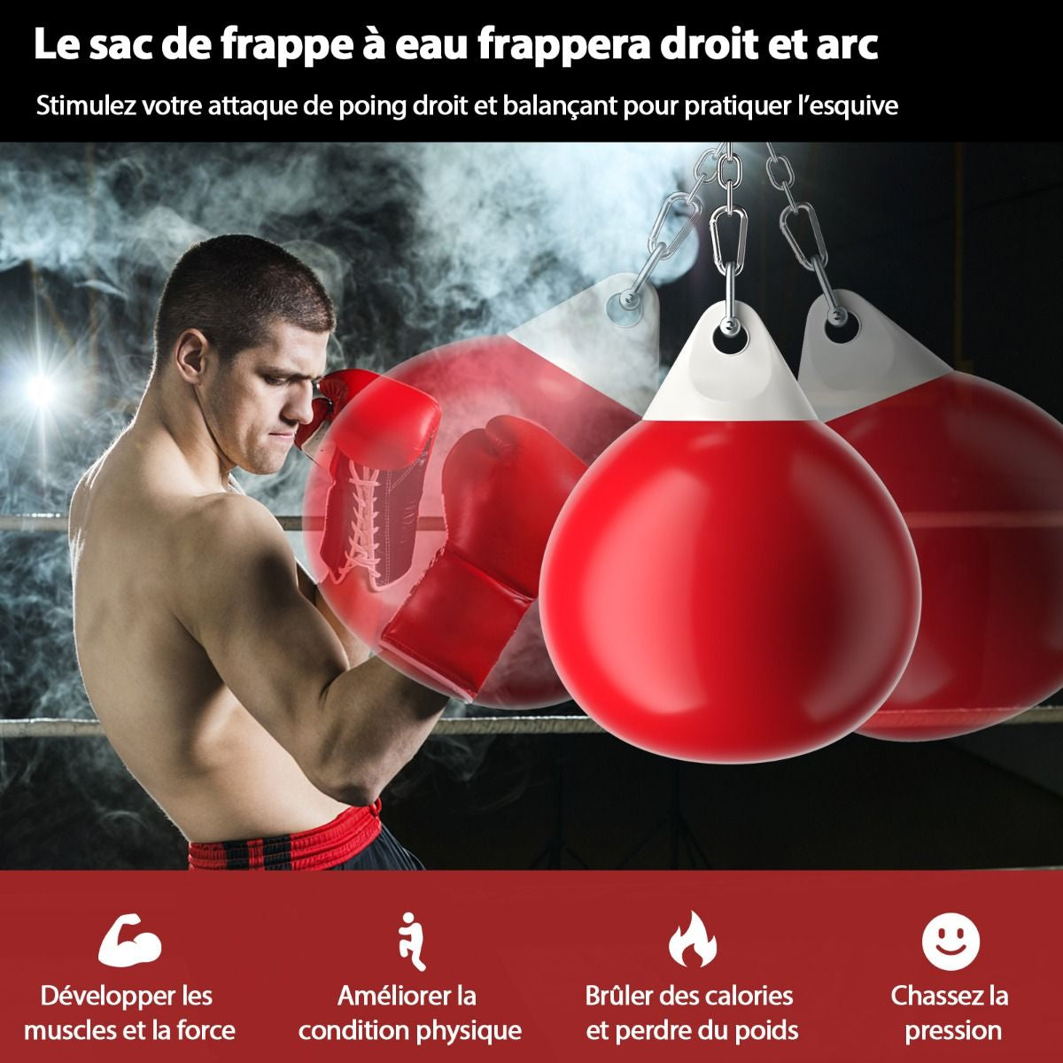 Sac De Frappe À Eau Avec Crochet Chaîne Métallique Réglable Boucles D'Assurance Et Injection D'Eau Pour Boxe Suspendue Charge Max 50KG Blanc/Noir/Bleu/Rouge