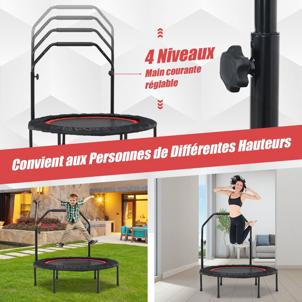 Trampoline De Fitness Pliable 101Cm Avec 2 Bandes De Résistance Main Courante Hauteur Réglable Charge 150 Kg Pour Enfants Bleu/Vert/Rouge