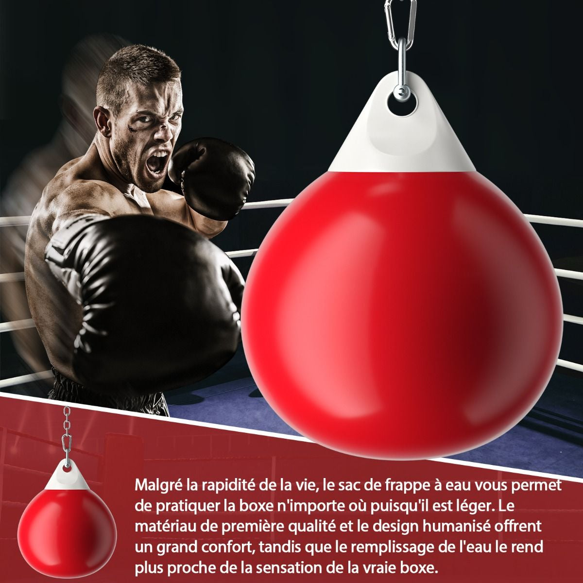 Sac De Frappe À Eau Avec Crochet Chaîne Métallique Réglable Boucles D'Assurance Et Injection D'Eau Pour Boxe Suspendue Charge Max 50KG Blanc/Noir/Bleu/Rouge