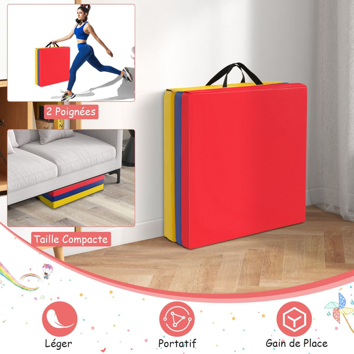 Tapis De Gymnastique Pliable En 3 Parties Antidérapant Avec 2 Poignées Tapis De Chute De Yoga 10 Couleurs Au Choix