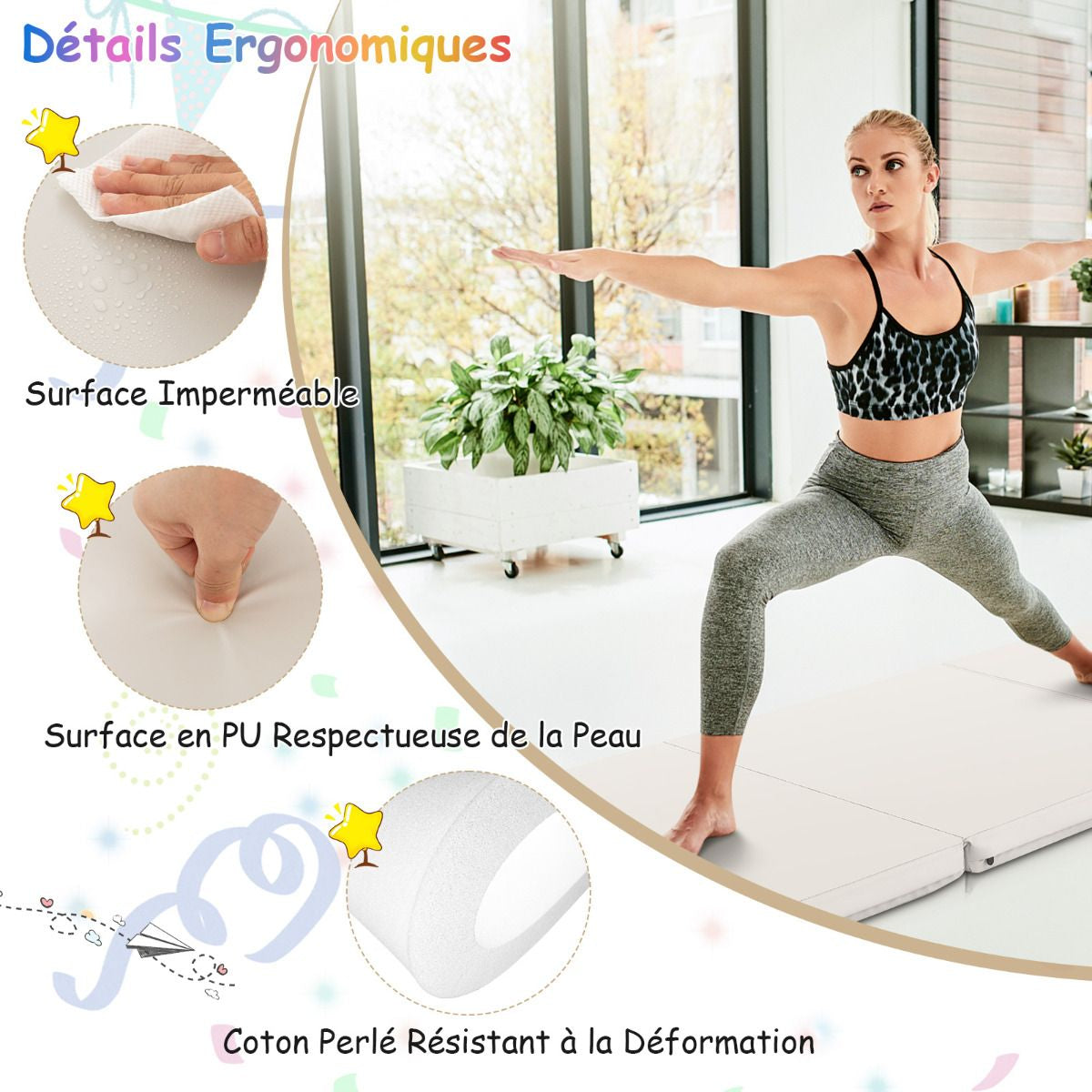 Tapis De Gymnastique Pliable En 3 Parties Antidérapant Avec 2 Poignées Tapis De Chute De Yoga 10 Couleurs Au Choix