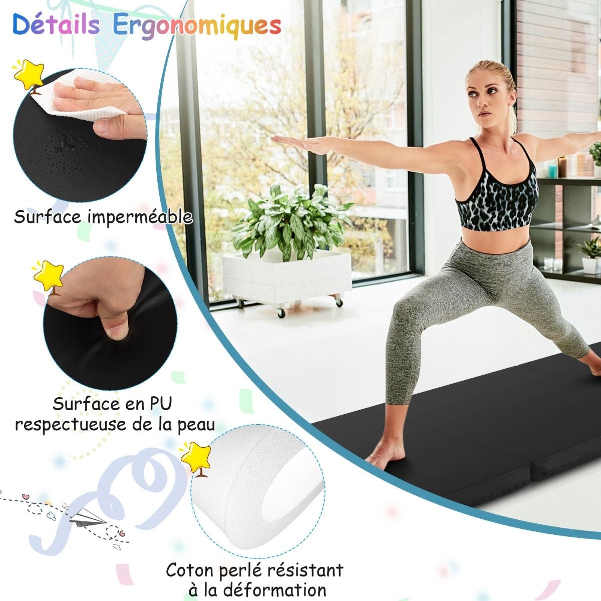 Tapis De Gymnastique Pliable En 3 Parties Antidérapant Avec 2 Poignées Tapis De Chute De Yoga 10 Couleurs Au Choix