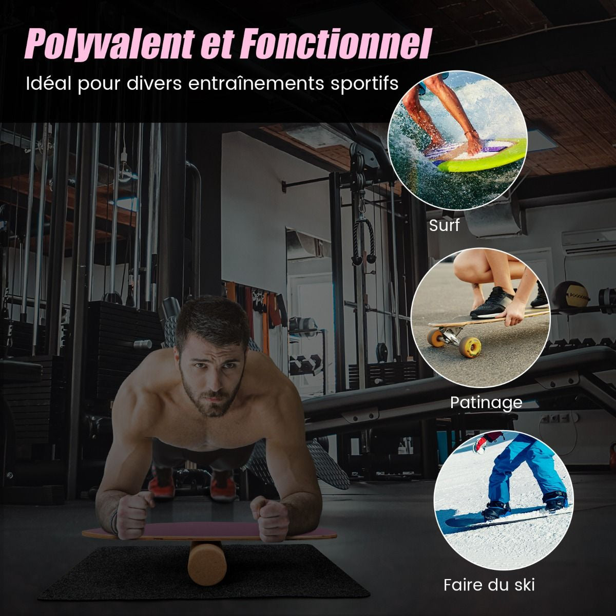 Planche D’Entraînement Pour L’Équilibre Avec Rouleau Et Tapis Antidérapant Pour Skateboard Hockey Snowboard 8 Couleurs Au Choix