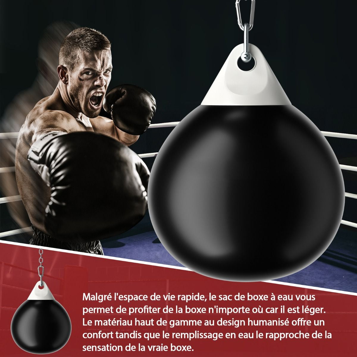 Sac De Frappe À Eau Avec Crochet Chaîne Métallique Réglable Boucles D'Assurance Et Injection D'Eau Pour Boxe Suspendue Charge Max 50KG Blanc/Noir/Bleu/Rouge