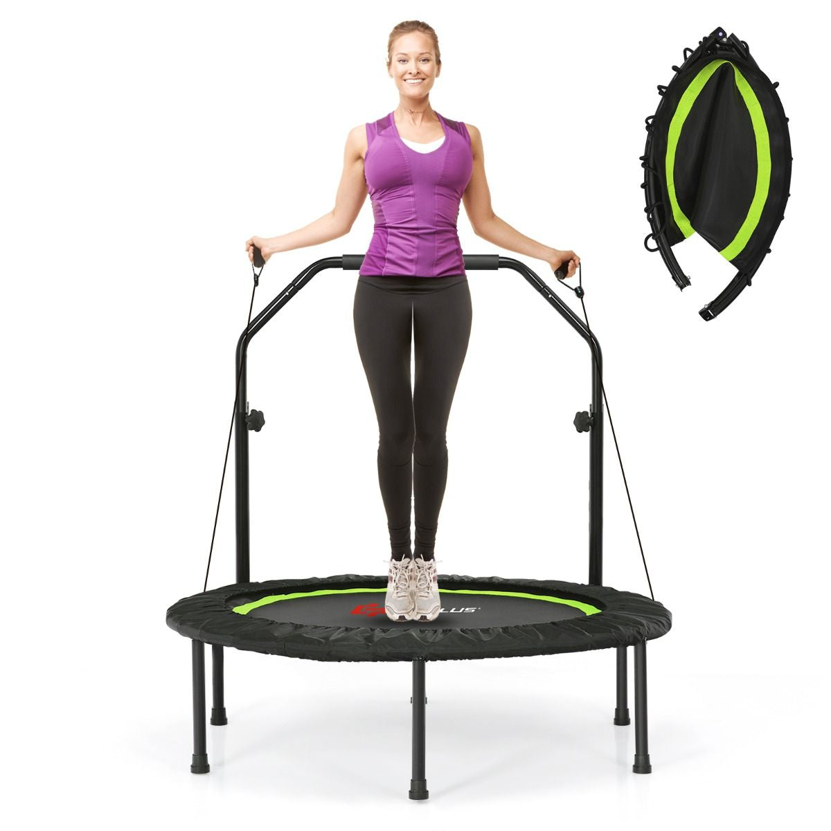 Trampoline De Fitness Pliable 101Cm Avec 2 Bandes De Résistance Main Courante Hauteur Réglable Charge 150 Kg Pour Enfants Bleu/Vert/Rouge
