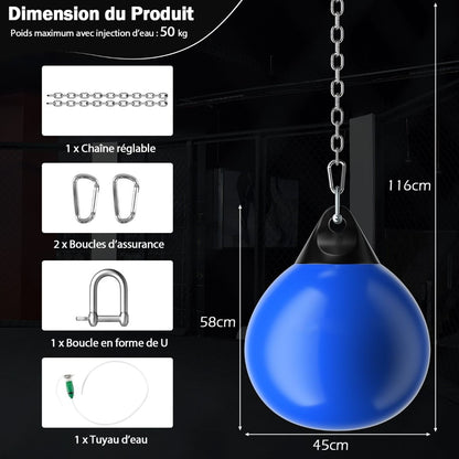 Sac De Frappe À Eau Avec Crochet Chaîne Métallique Réglable Boucles D'Assurance Et Injection D'Eau Pour Boxe Suspendue Charge Max 50KG Blanc/Noir/Bleu/Rouge