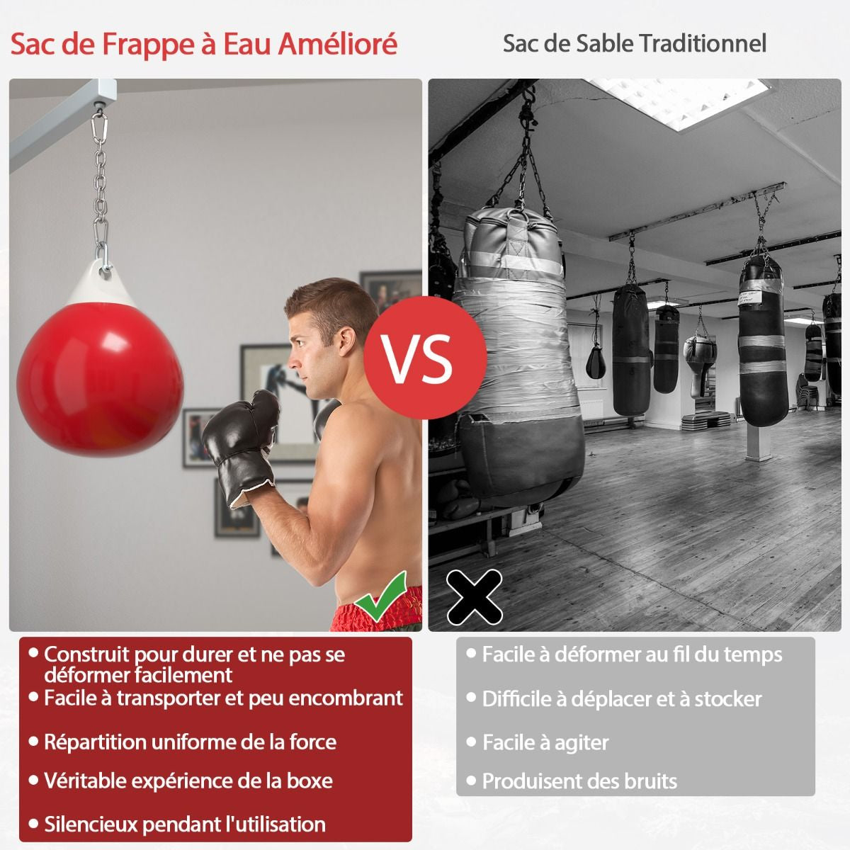 Sac De Frappe À Eau Avec Crochet Chaîne Métallique Réglable Boucles D'Assurance Et Injection D'Eau Pour Boxe Suspendue Charge Max 50KG Blanc/Noir/Bleu/Rouge