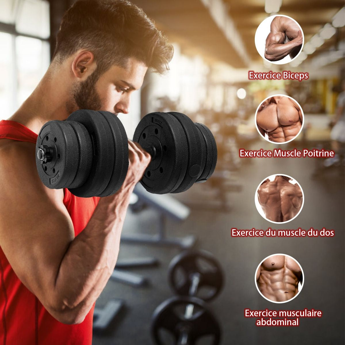 Haltères Pour Musculation 2 En 1 Disques Poids Ajustable 30KG Poignée Confortable, Pour Fitness Musculation Entraînement