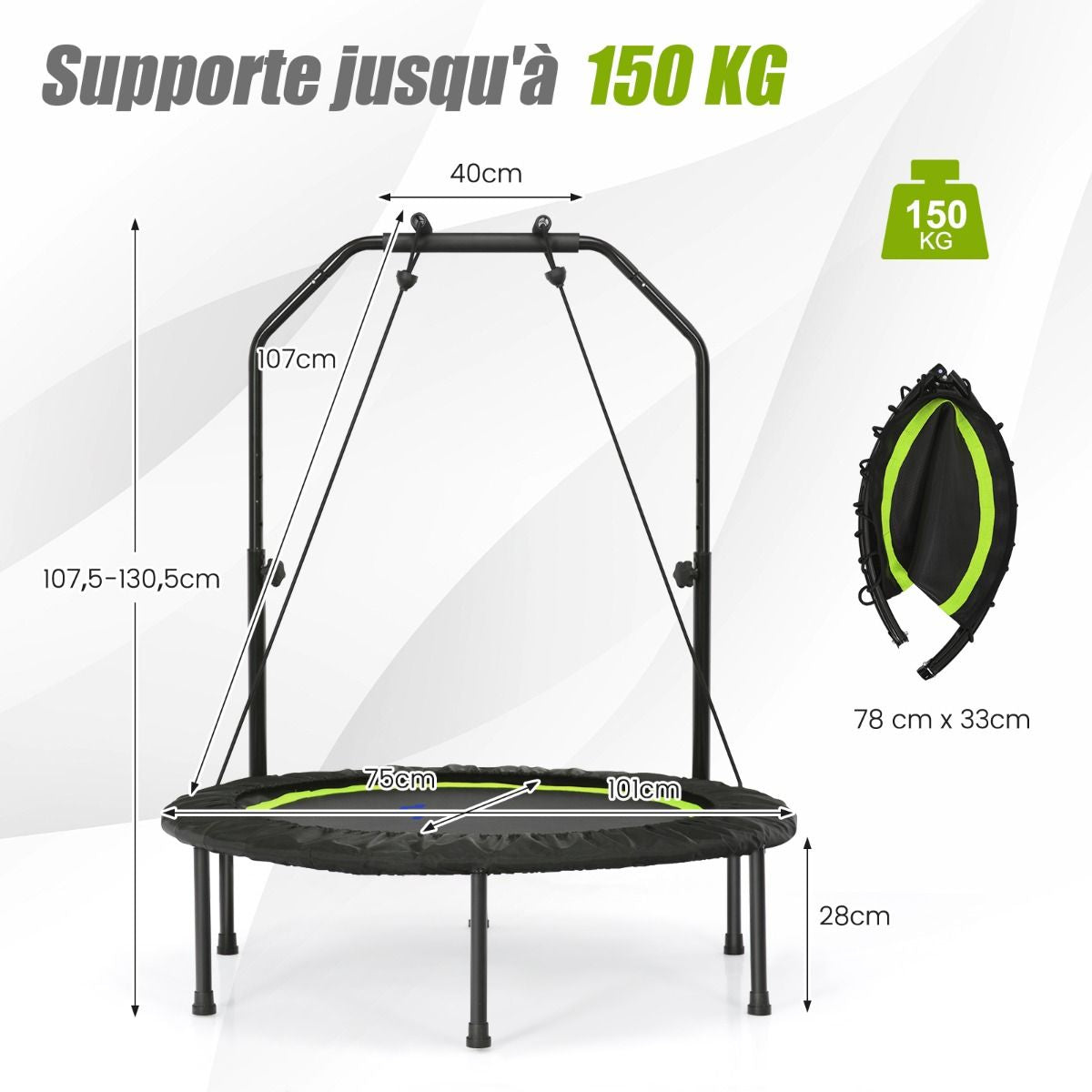 Trampoline De Fitness Pliable 101Cm Avec 2 Bandes De Résistance Main Courante Hauteur Réglable Charge 150 Kg Pour Enfants Bleu/Vert/Rouge
