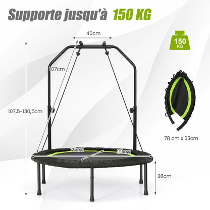 Trampoline De Fitness Pliable 101Cm Avec 2 Bandes De Résistance Main Courante Hauteur Réglable Charge 150 Kg Pour Enfants Bleu/Vert/Rouge