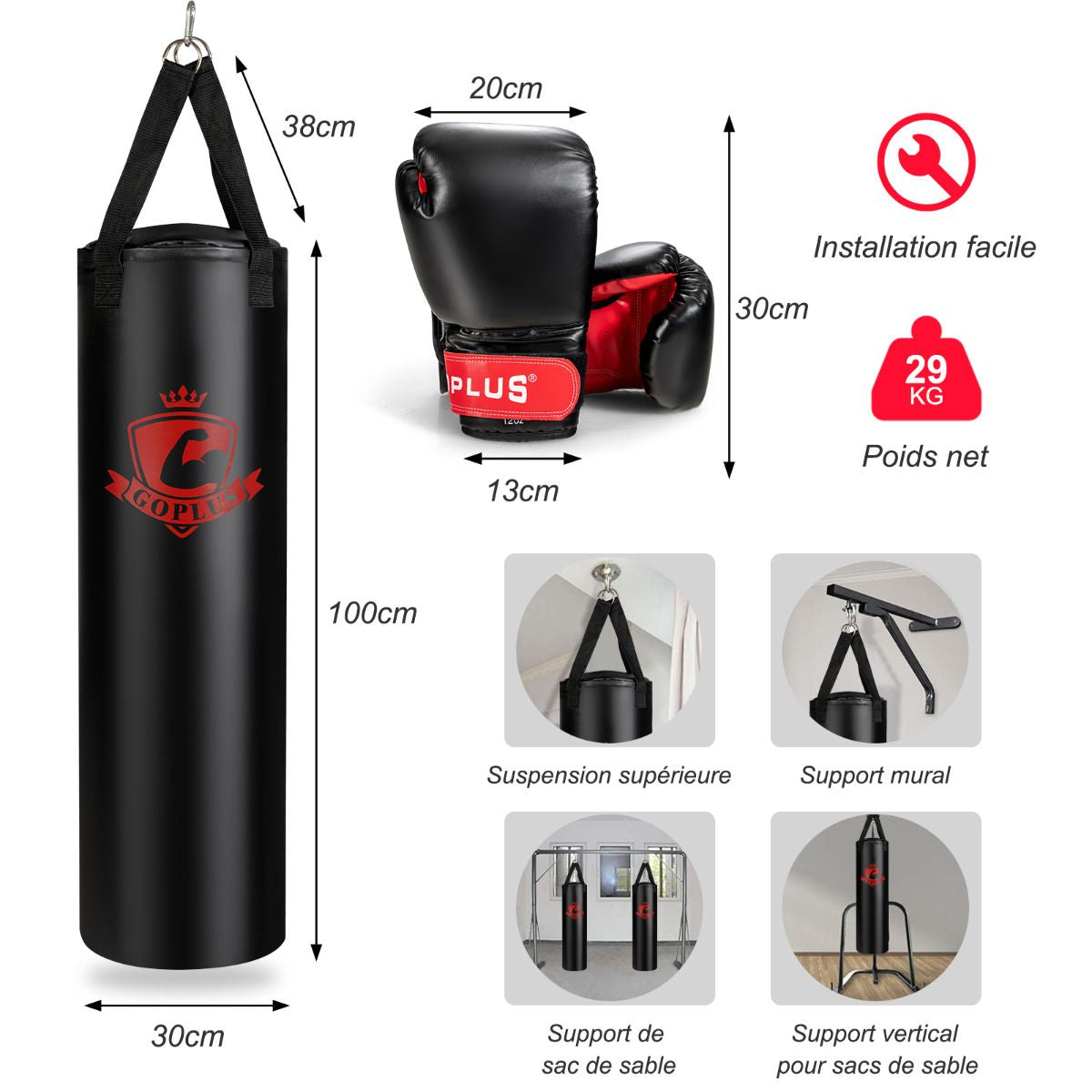 Sac De Frappe Lourd 100X30Cm 28,5 Kg Sac De Boxe Suspendus Pour Adulte Avec Gants De Boxes Suspension Support