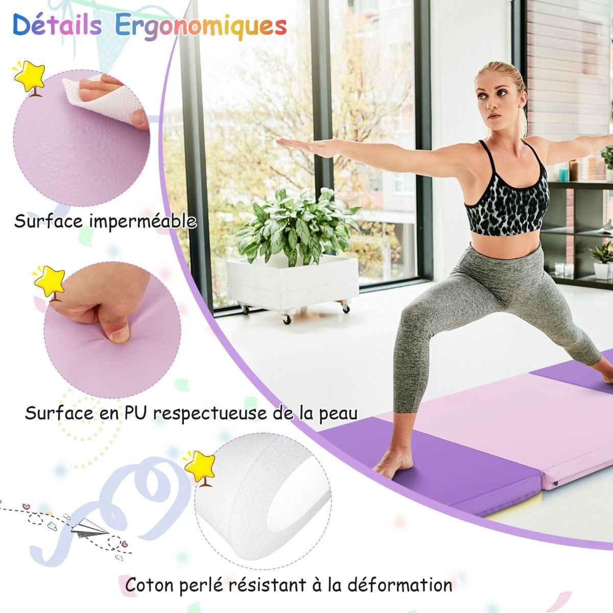 Tapis De Gymnastique Pliable En 3 Parties Antidérapant Avec 2 Poignées Tapis De Chute De Yoga 10 Couleurs Au Choix