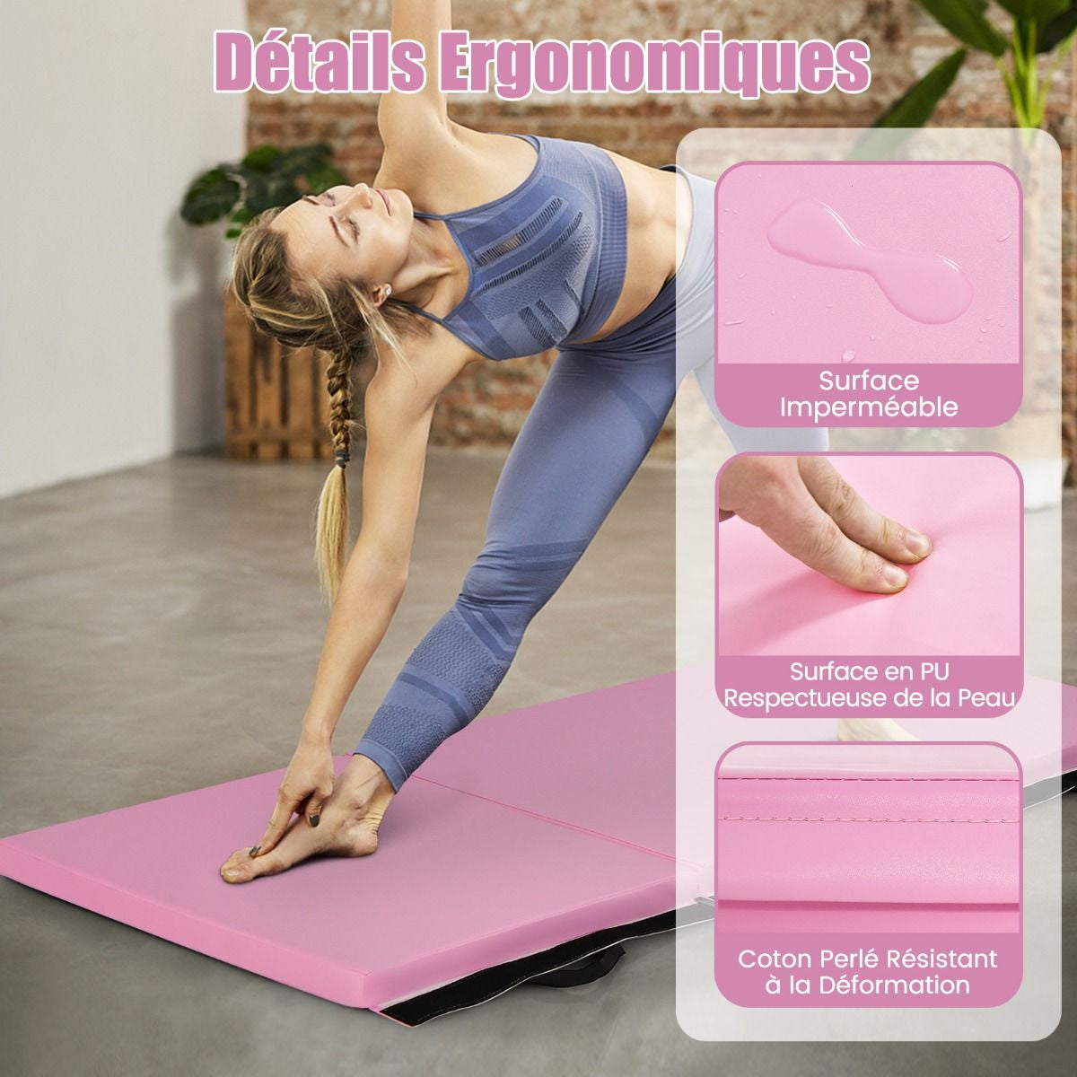 Tapis De Gymnastique Pliable En 3 Parties Antidérapant Avec 2 Poignées Tapis De Chute De Yoga 10 Couleurs Au Choix
