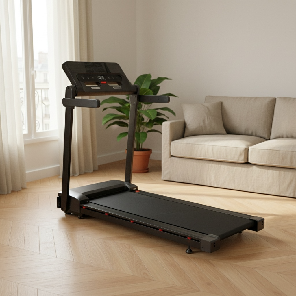 Tapis de course électrique Alvore dans un salon moderne, vue panoramique avec écran LCD