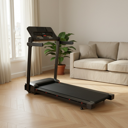 Tapis de course électrique Alvore dans un salon moderne, vue panoramique avec écran LCD