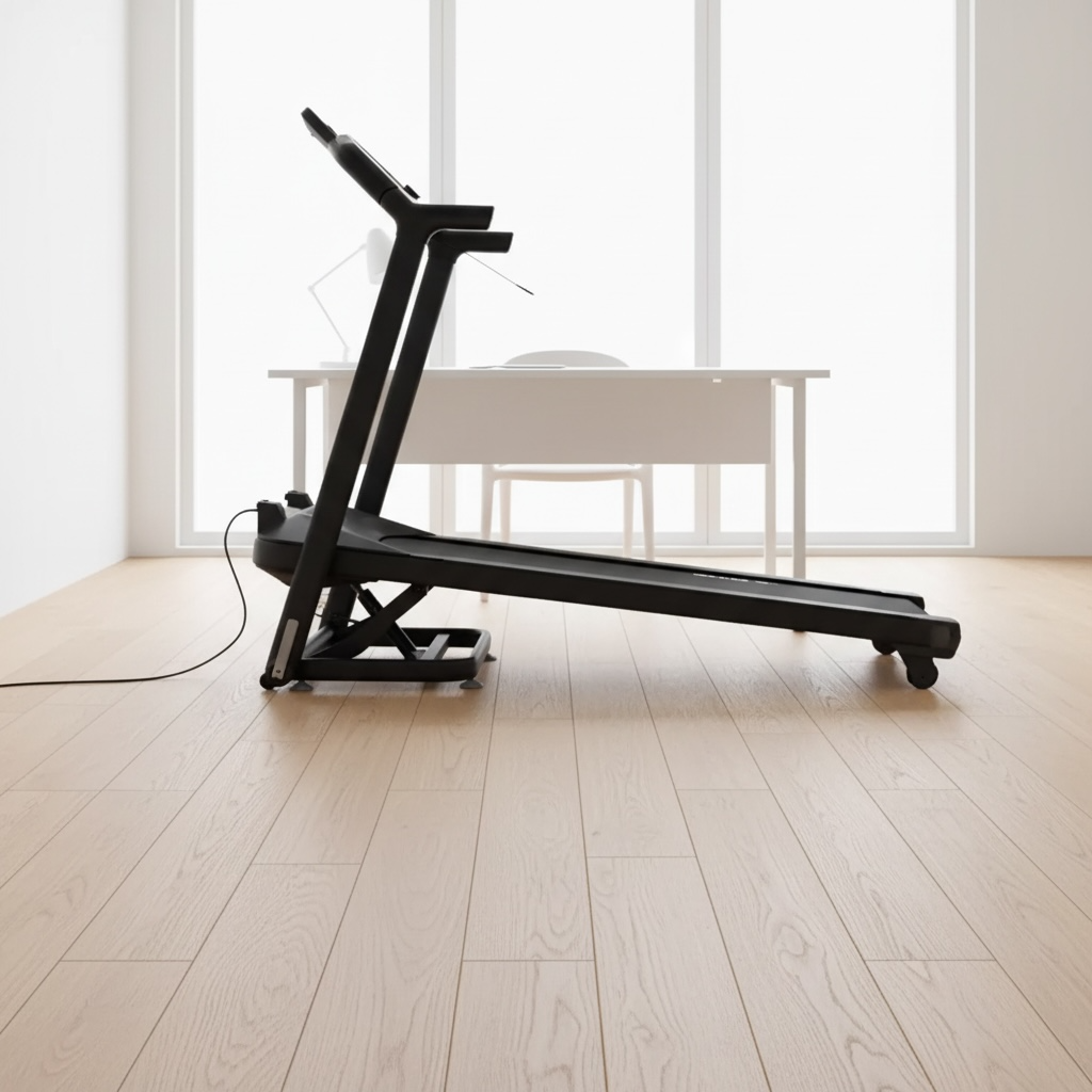 Tapis de course électrique Alvore replié verticalement — rangement compact en couloir