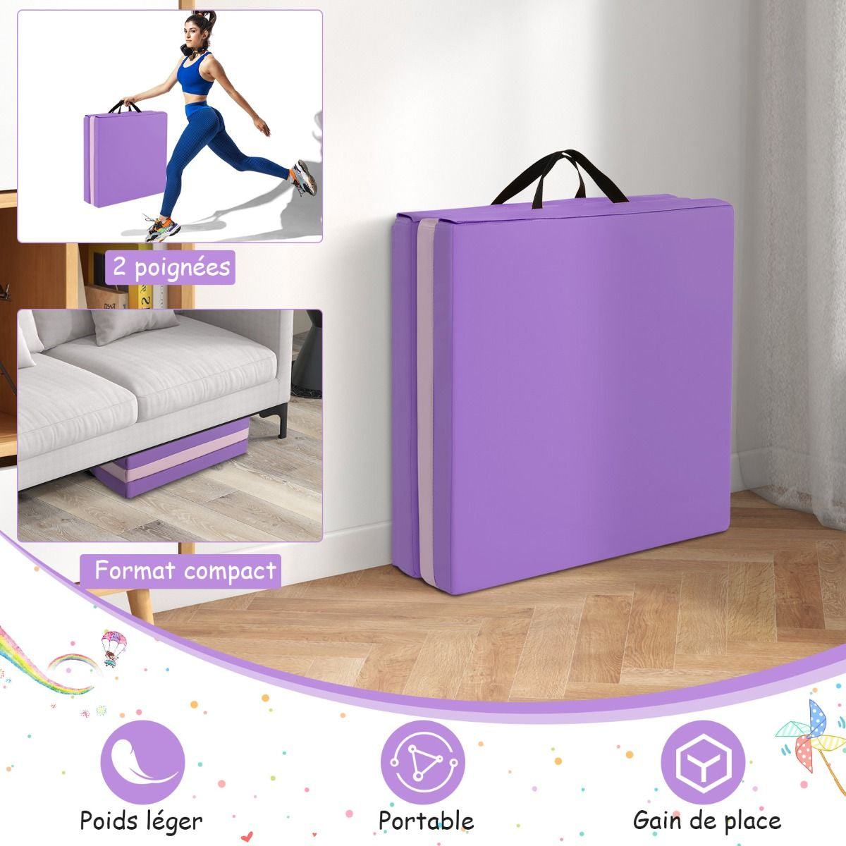 Tapis De Gymnastique Pliable En 3 Parties Antidérapant Avec 2 Poignées Tapis De Chute De Yoga 10 Couleurs Au Choix