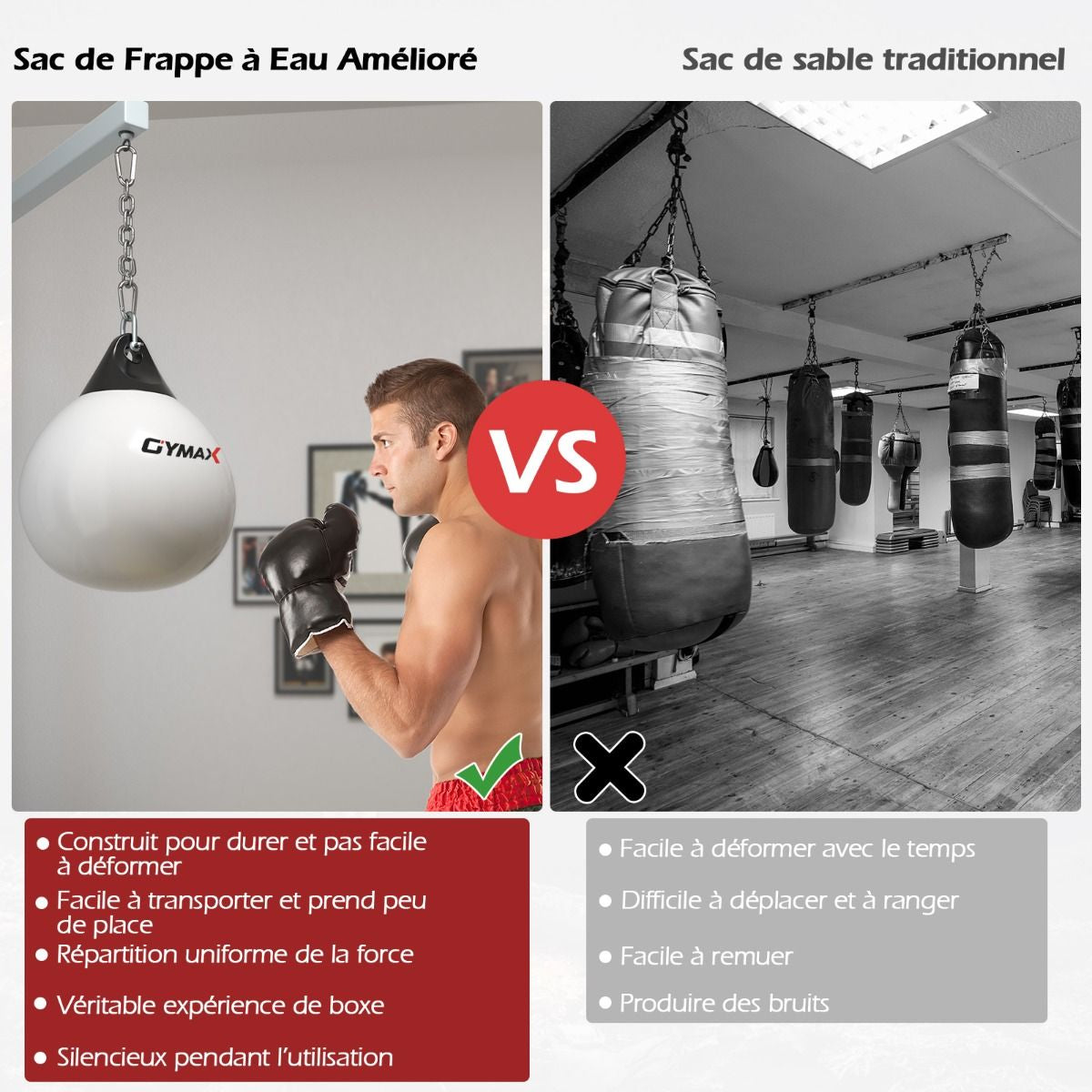 Sac De Frappe À Eau Avec Crochet Chaîne Métallique Réglable Boucles D'Assurance Et Injection D'Eau Pour Boxe Suspendue Charge Max 50KG Blanc/Noir/Bleu/Rouge