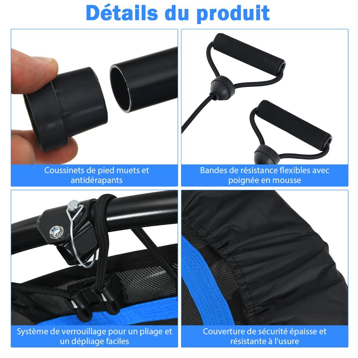 Trampoline De Fitness Pliable 101Cm Avec 2 Bandes De Résistance Main Courante Hauteur Réglable Charge 150 Kg Pour Enfants Bleu/Vert/Rouge