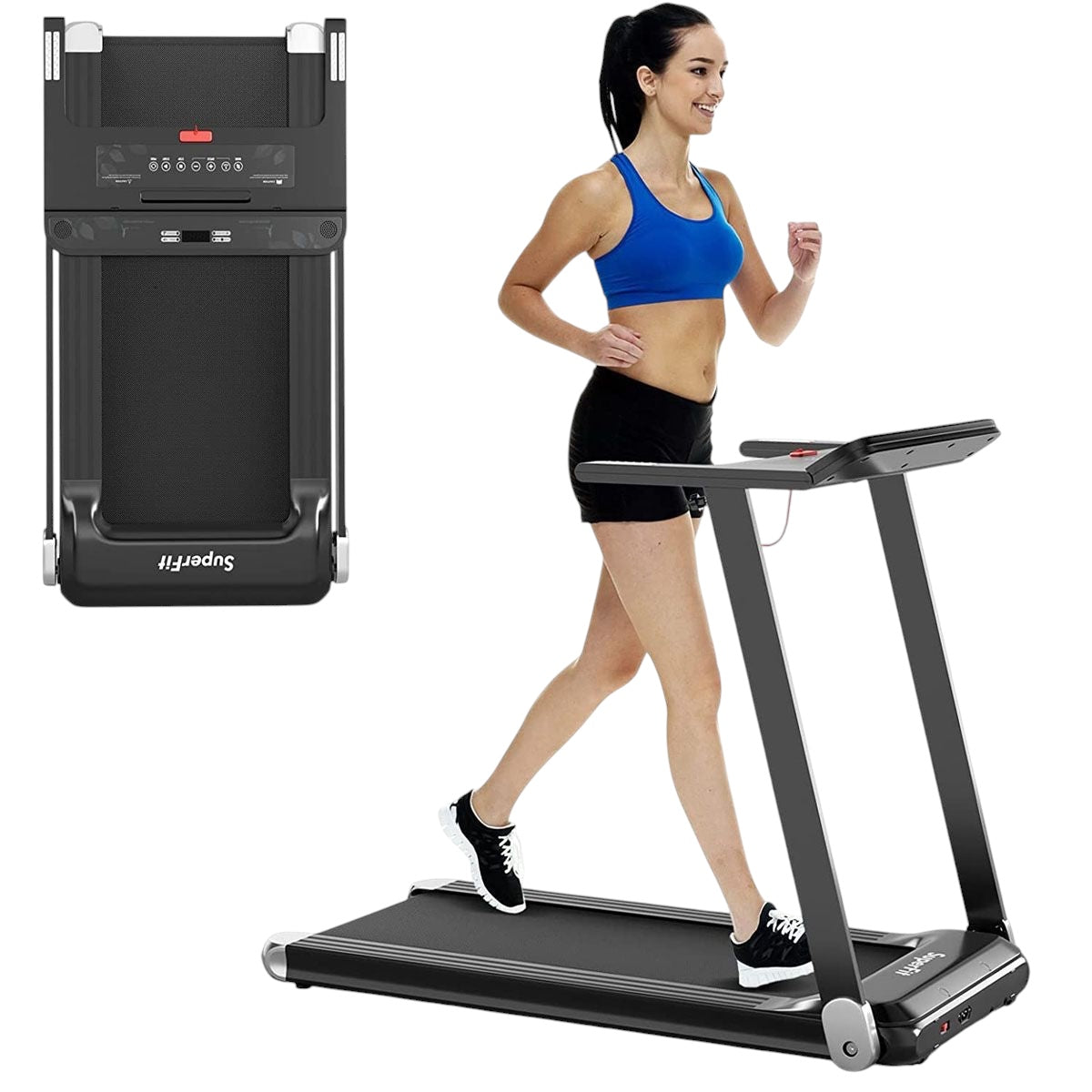 Femme courant sur un tapis de course électrique pliable Alvore noir avec écran LCD et connectivité Bluetooth