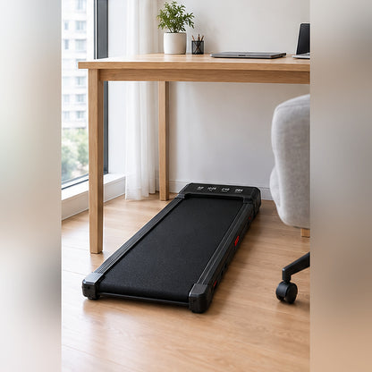 Tapis de marche ALVORE glissé sous un bureau, dans un appartement clair