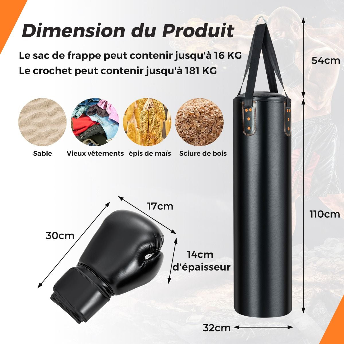 Sac De Frappe 16KG 4 En 1 Et 2 Gants Ensemble De Sac De Boxe Suspendu Avec Bandage Pour Les Mains Chaînes De Suspension Double Couture