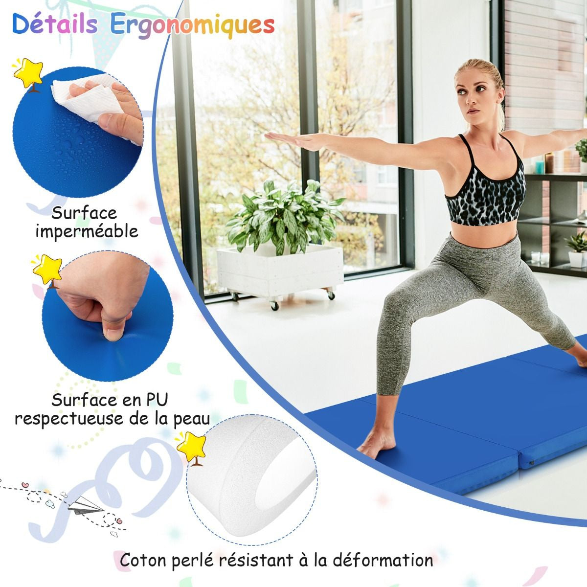 Tapis De Gymnastique Pliable En 3 Parties Antidérapant Avec 2 Poignées Tapis De Chute De Yoga 10 Couleurs Au Choix