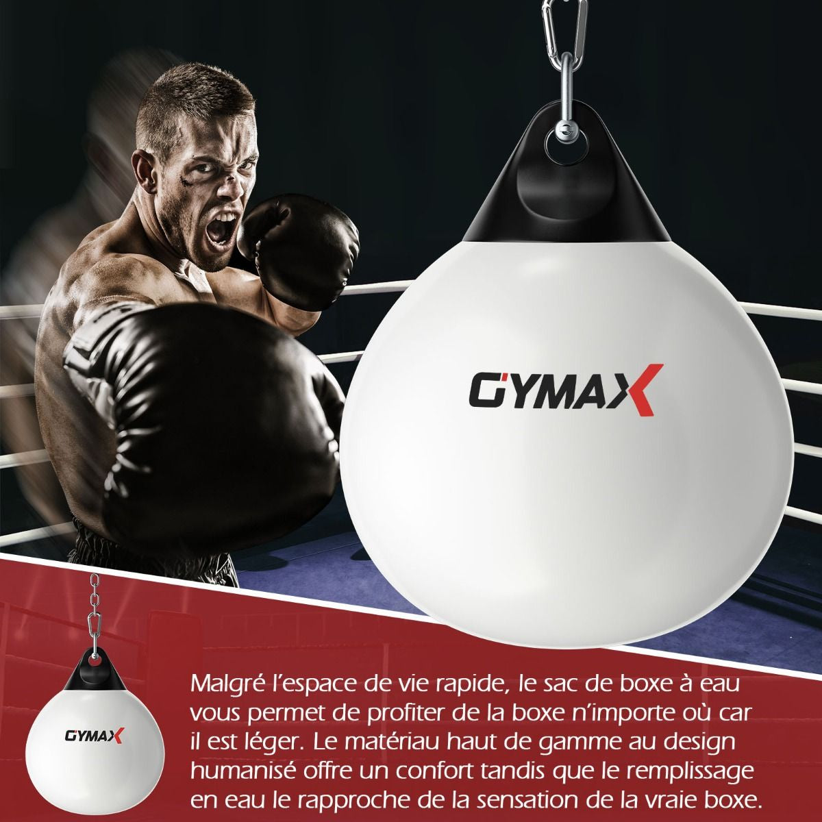 Sac De Frappe À Eau Avec Crochet Chaîne Métallique Réglable Boucles D'Assurance Et Injection D'Eau Pour Boxe Suspendue Charge Max 50KG Blanc/Noir/Bleu/Rouge