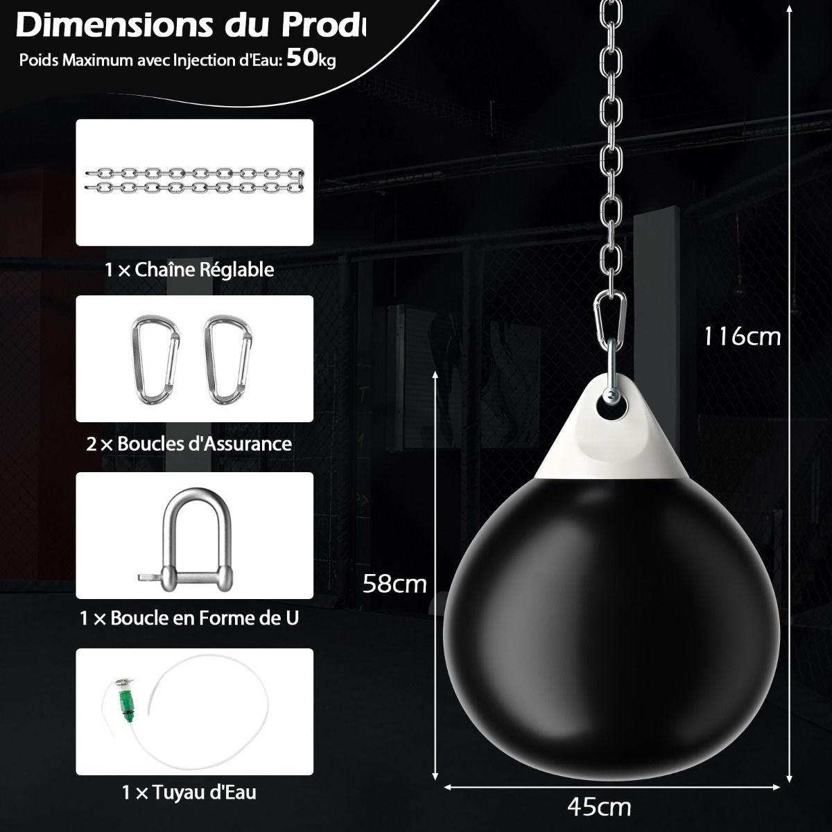 Sac De Frappe À Eau Avec Crochet Chaîne Métallique Réglable Boucles D'Assurance Et Injection D'Eau Pour Boxe Suspendue Charge Max 50KG Blanc/Noir/Bleu/Rouge