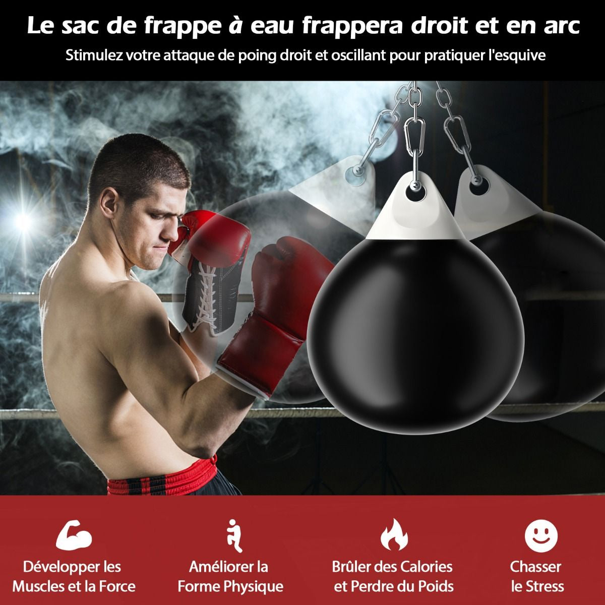 Sac De Frappe À Eau Avec Crochet Chaîne Métallique Réglable Boucles D'Assurance Et Injection D'Eau Pour Boxe Suspendue Charge Max 50KG Blanc/Noir/Bleu/Rouge