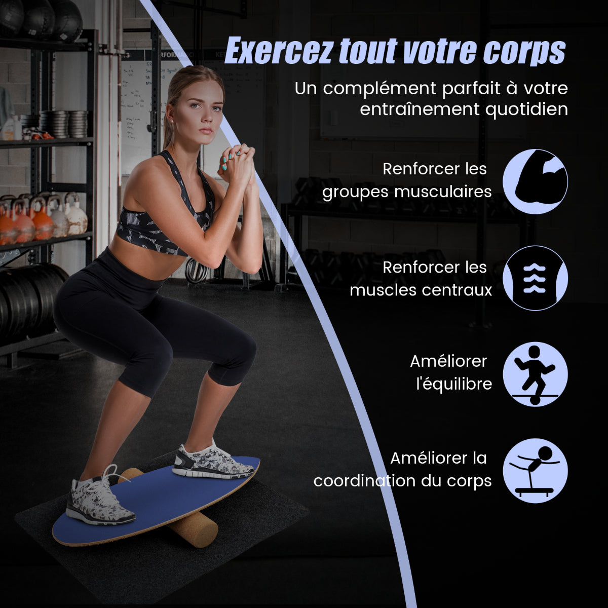Planche D’Entraînement Pour L’Équilibre Avec Rouleau Et Tapis Antidérapant Pour Skateboard Hockey Snowboard 8 Couleurs Au Choix